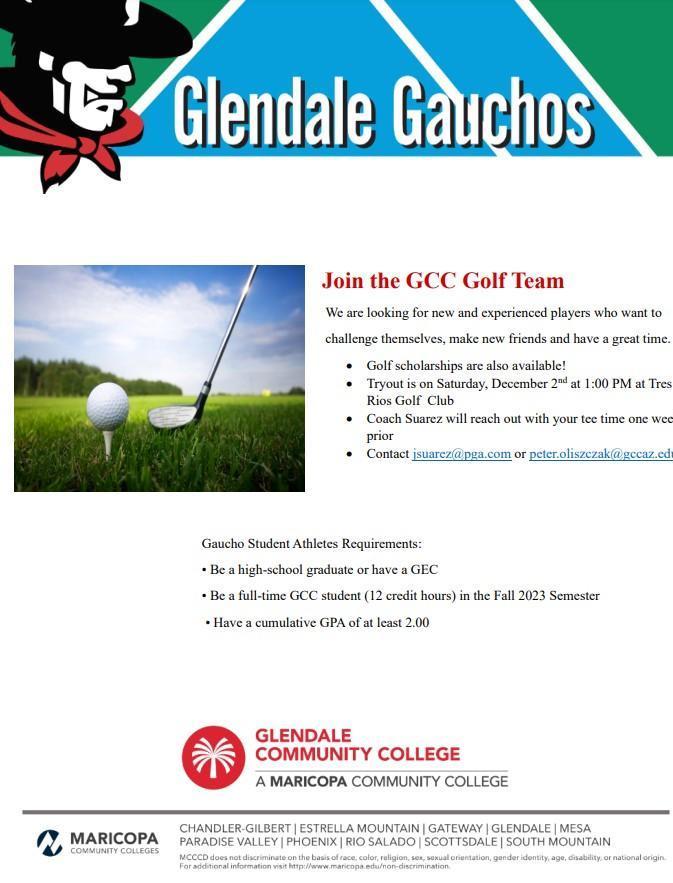 GCC Men's Golf Team hosting Tryouts 12/2/23